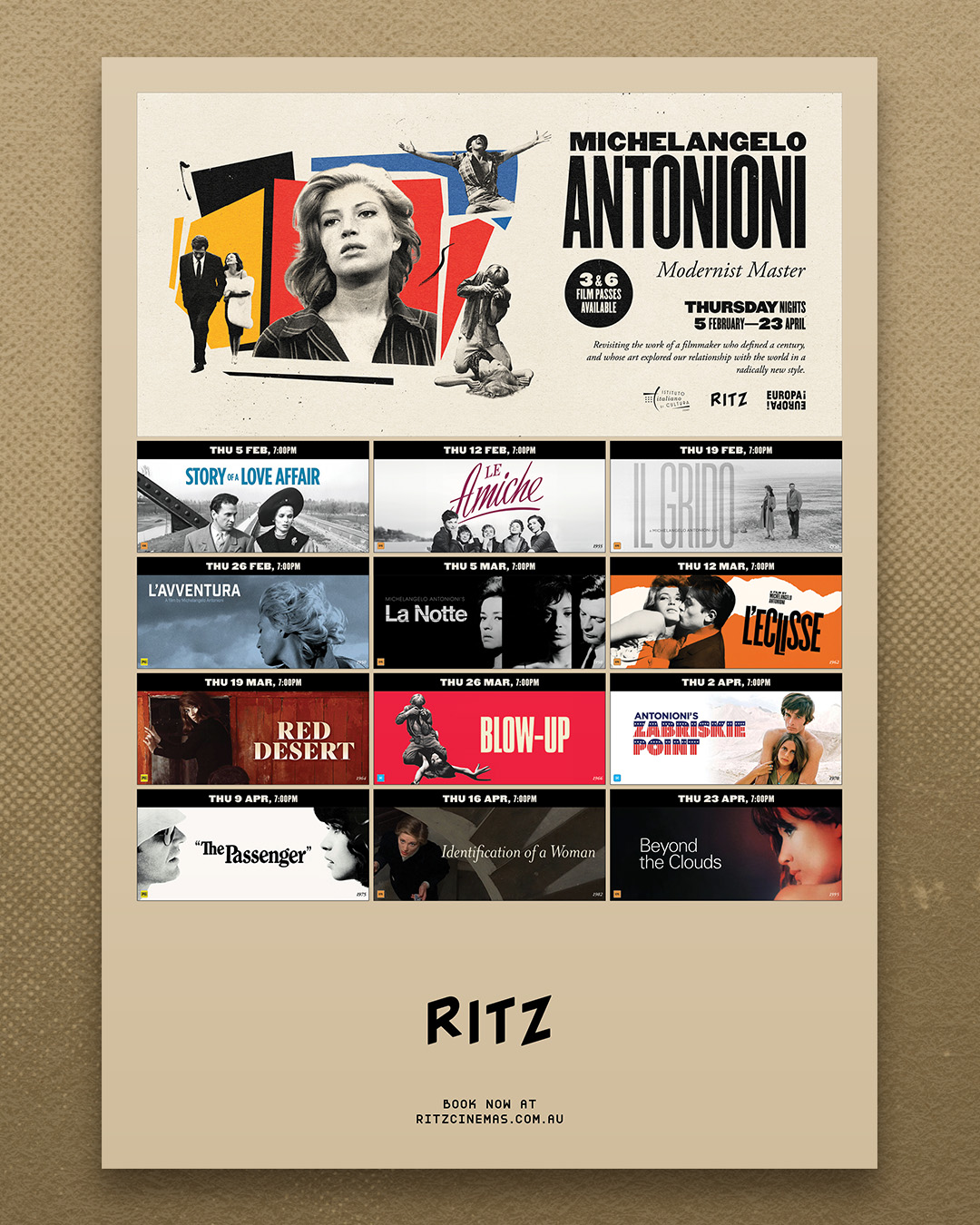 RETROSPETTIVA – MICHELANGELO ANTONIONI: MODERNIST MASTER dal 5 febbraio al 23 Aprile Ritz Cinemas, 45 St Pauls Street, Randwick
